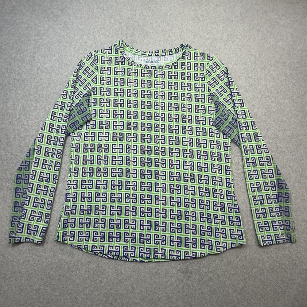 IBKUL Shirt Womens Large Blue Green Geometric Long Sleeve Stretch Athletic Top